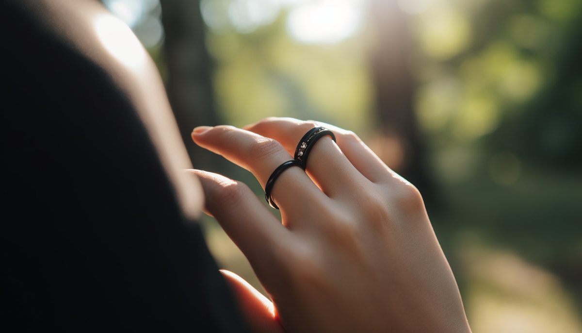 woman's hand wearing a black plated stainless steel fashion rings with clear crystal accents