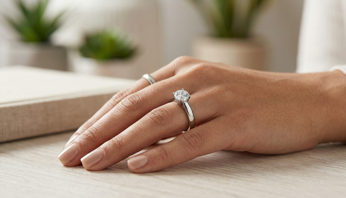 woman's hand wearing a stainless steel solitaire engagement ring