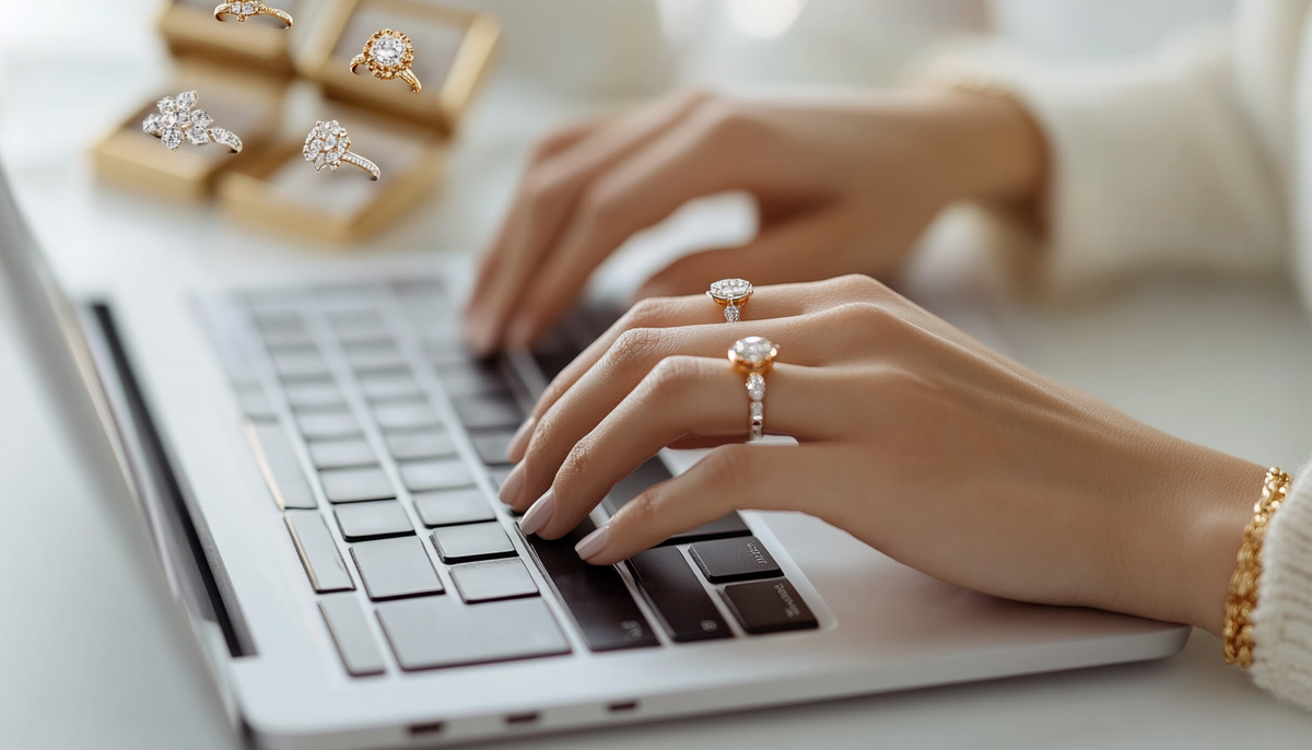 woman 's hands wearing two cz fashion rings typing an email newsletter on her laptop, with fashion rings in open ring boxes beside the laptop