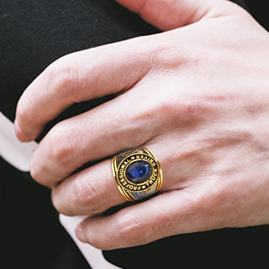 CJ30320G Wholesale Men's Gold Stainless Steel Montana Blue Stone Professional Truck Driver Ring