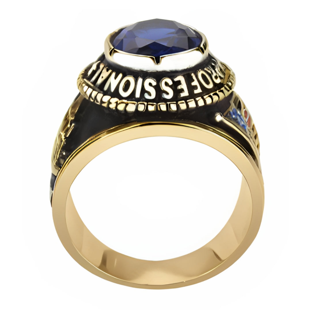 CJ30320G Wholesale Men's Gold Stainless Steel Montana Blue Stone Professional Truck Driver Ring