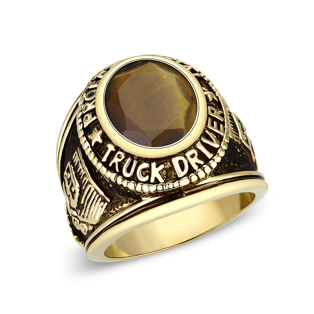 CJM021 Wholesale Men's Ion Gold Plated Brass with Tiger Eye Stone Truck Driver Ring