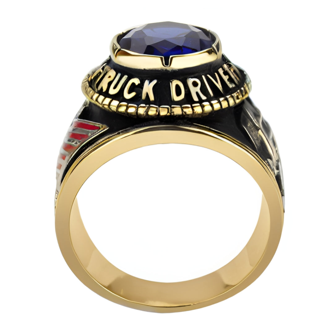 CJ30320G Wholesale Men's Gold Stainless Steel Montana Blue Stone Professional Truck Driver Ring
