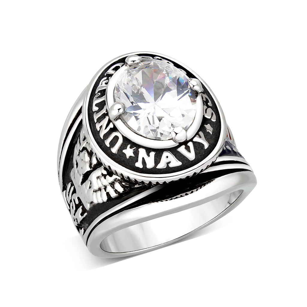 CJM028 Wholesale Men's Rhodium Plated Brass with Clear CZ United States Navy Ring