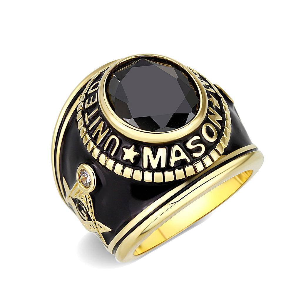 CJM065 Wholesale Unisex IP Gold Brass with Synthetic Glass with Jet Black Color Masonic Ring