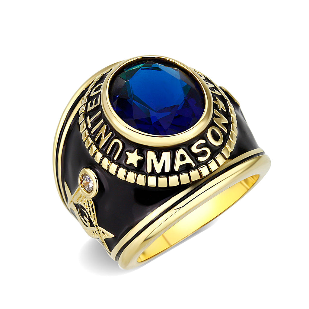 CJM066 Wholesale Unisex IP Gold Brass with Synthetic Glass In Dark Blue Color Masonic Ring