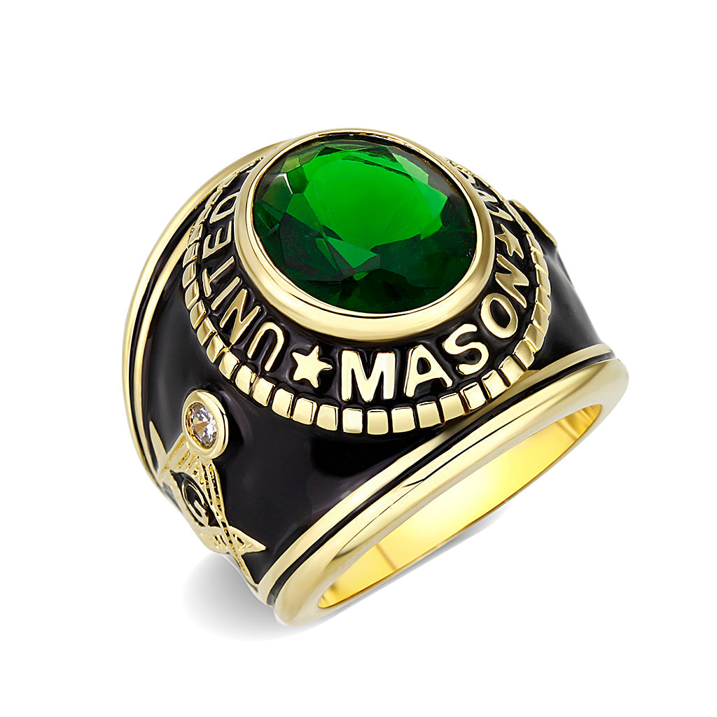 CJM067 Wholesale Unisex IP Gold Brass with Synthetic Glass In Green Color Masonic Ring