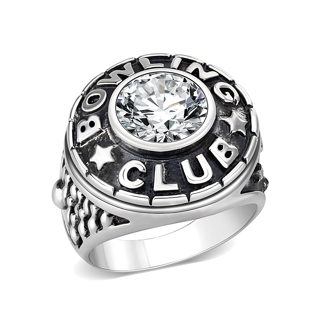 CJS093 Wholesale Men's Sterling Silver with Clear CZ Bowling Club Ring