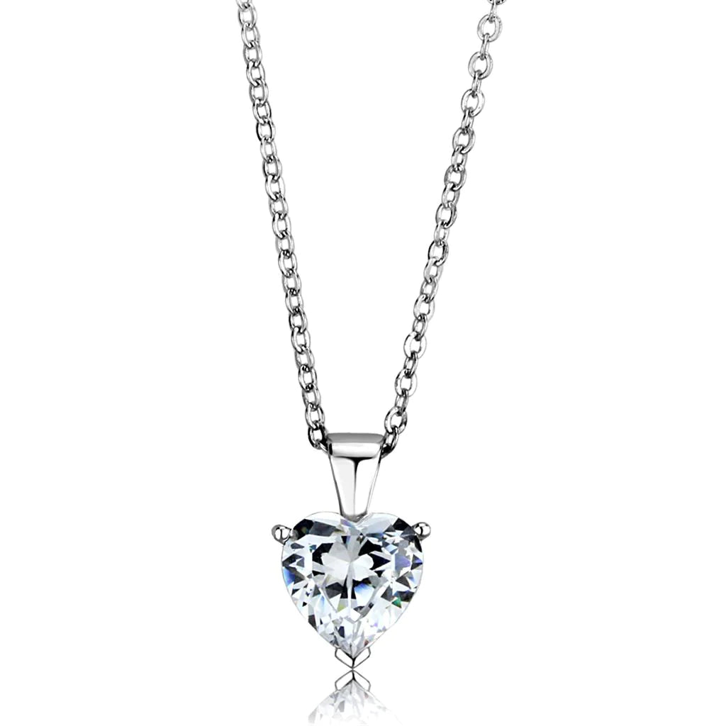 CJ889 Wholesale Women&#39;s Sterling Silver Clear Heart Chain Necklace