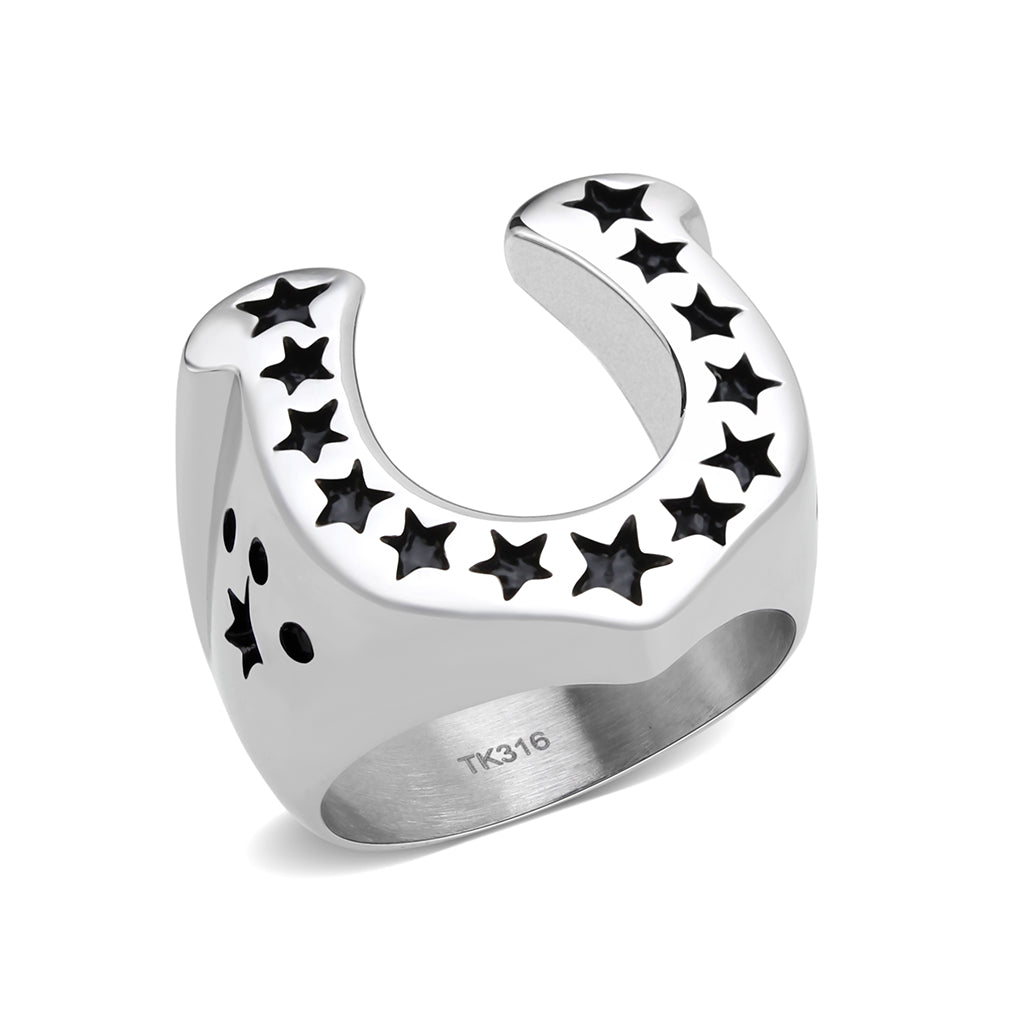 CJ3912 Wholesale Men's Stainless Steel Epoxy Jet Black Stars Horseshoe Ring