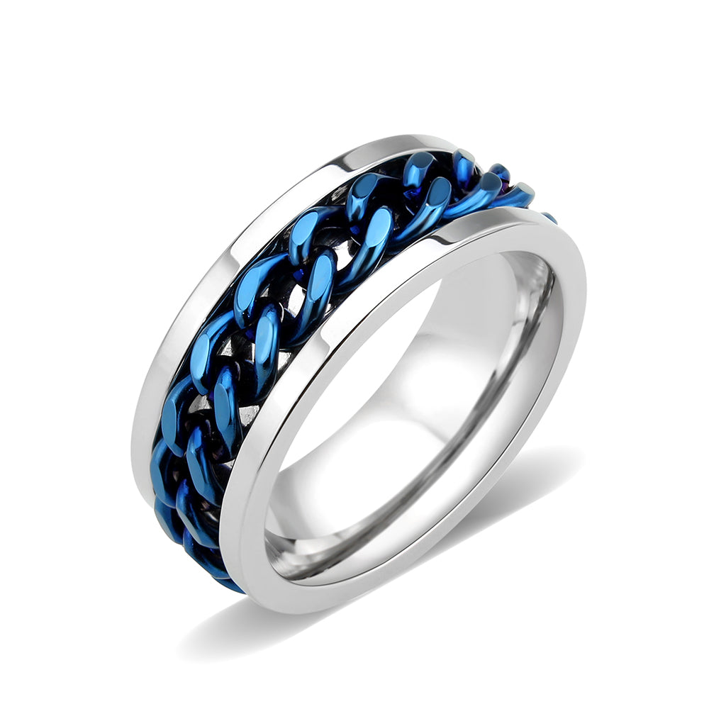 CJ3916 Wholesale Men's Stainless Steel Two Tone IP Blue Chain-link Ring