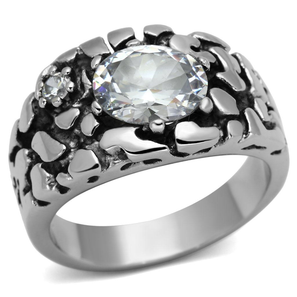 CJ959 Wholesale Men's Stainless Steel with Clear AAA Grade CZ Cobblestone Ring