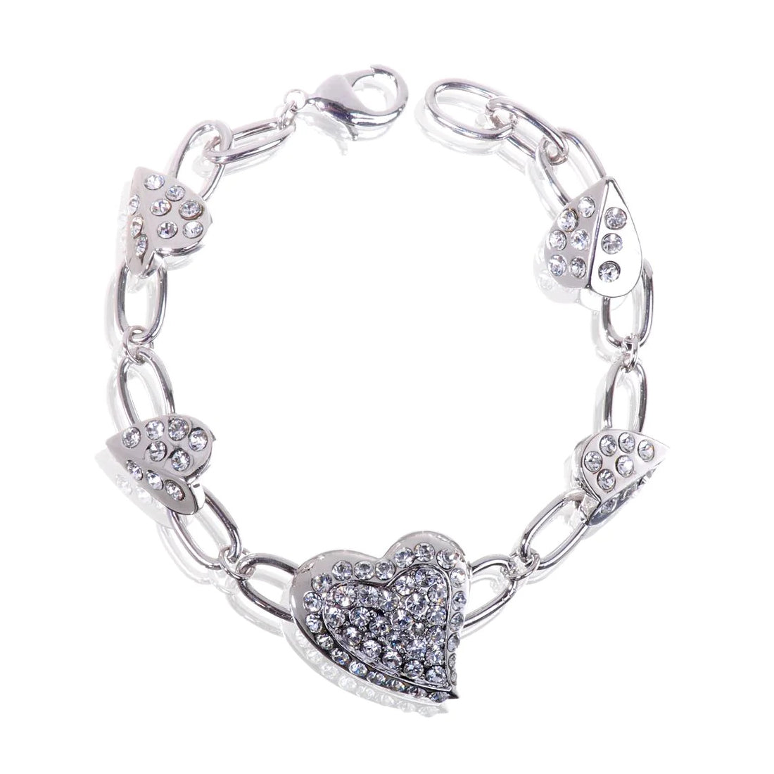 B7111 Heart Link Rhodium Plated Swarovski Elements Chain Bracelet