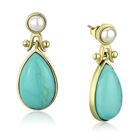 CJE2151 Wholesale Women&#39;s Stainless Steel IP Gold Turquoise Teardrop Earrings