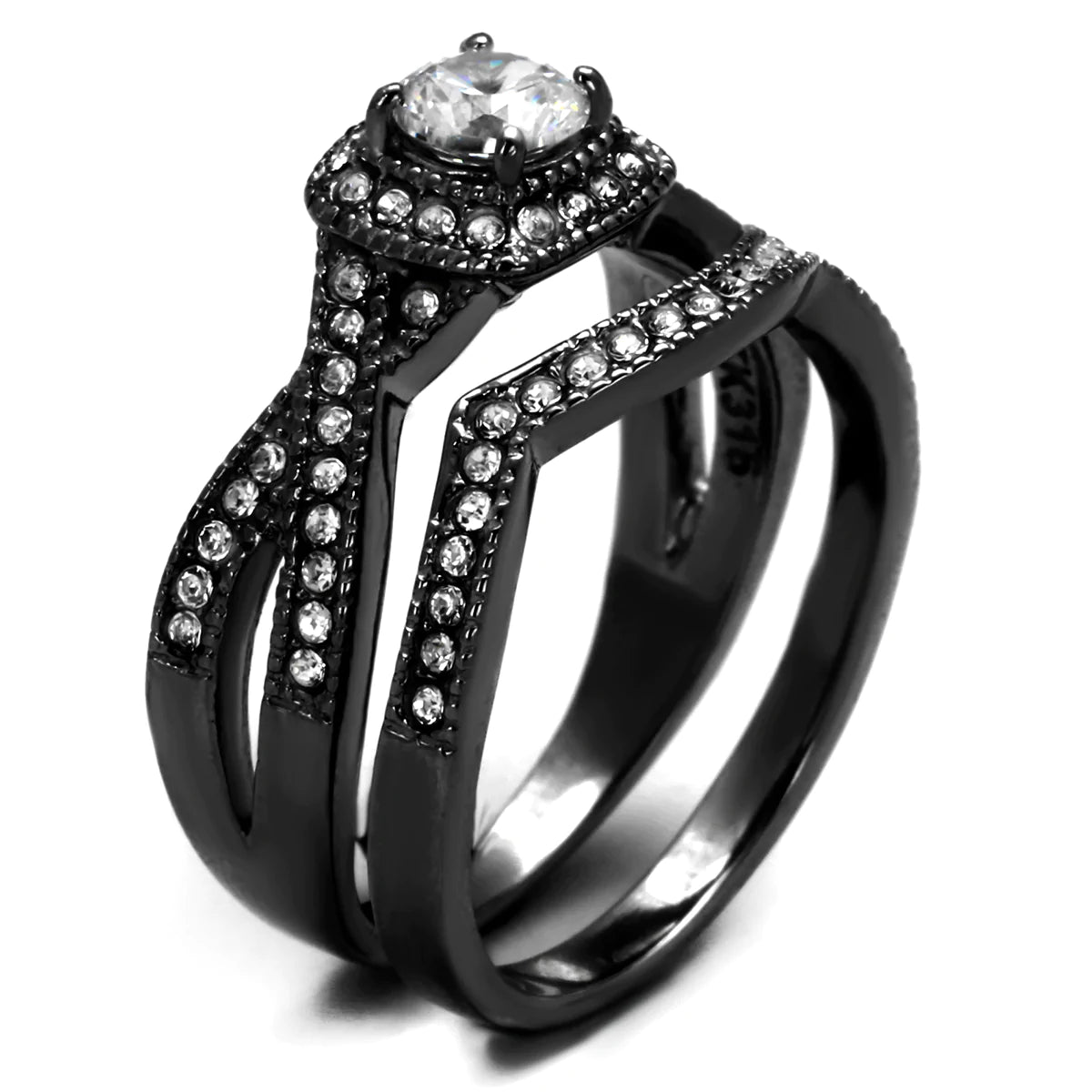 CJ2296J Wholesale Women&#39;s Stainless Steel Clear AAA Grade CZ Black Wedding Ring Set