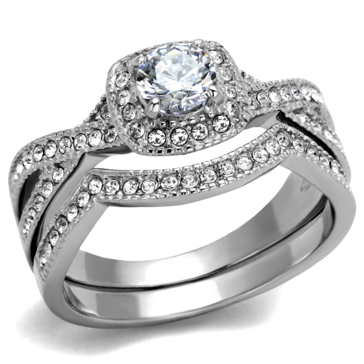 CJ2286 Wholesale Women&#39;s Stainless Steel Clear AAA Grade CZ Engagement Ring Set
