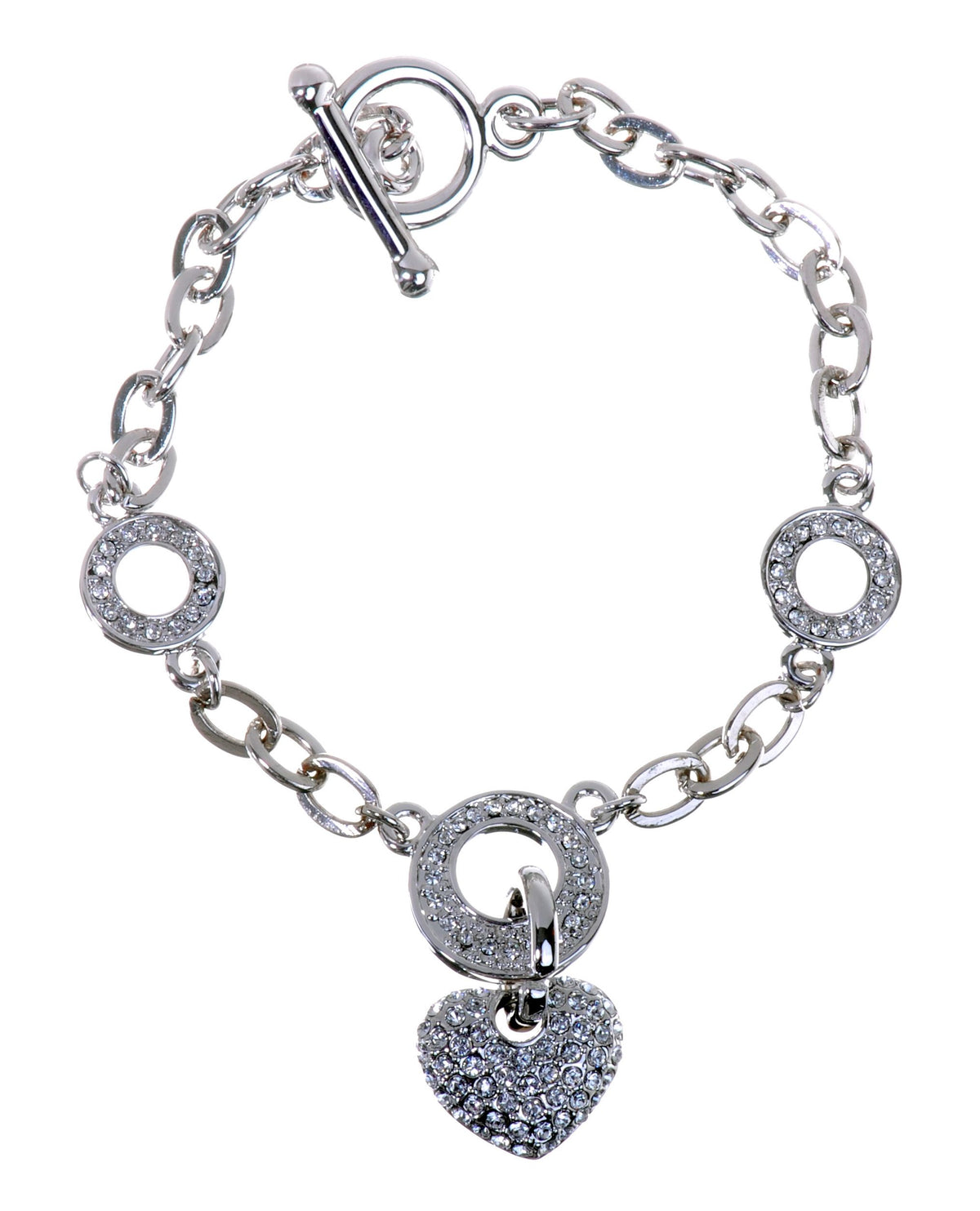 B7110 Rhodium Swarovski Heart Circle Chain Bracelet