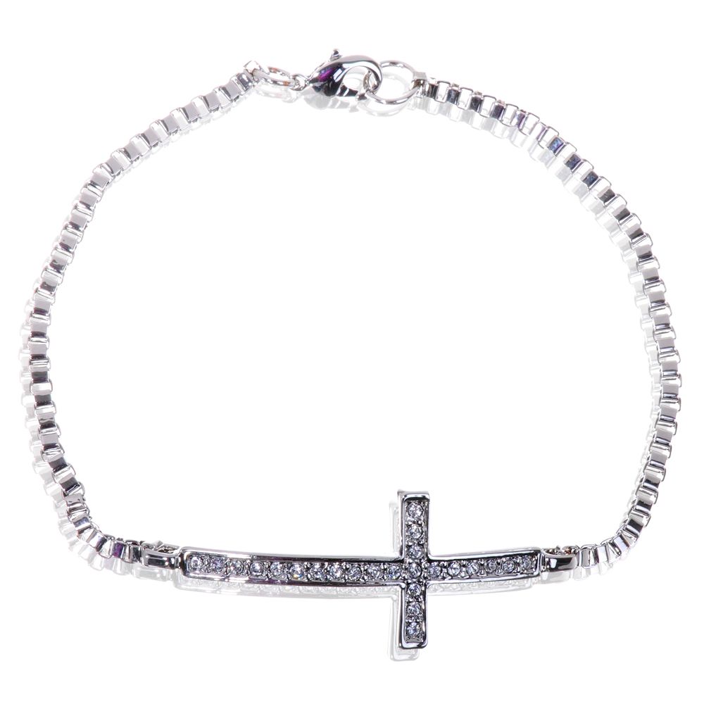 B7113 Rhodium Plated Sideways Cross Bracelet