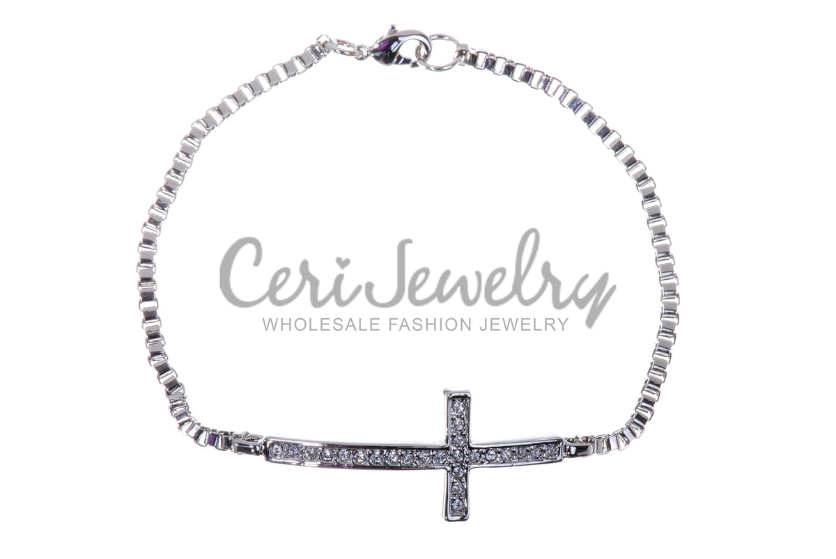 B7113 Rhodium Plated Sideways Cross Bracelet