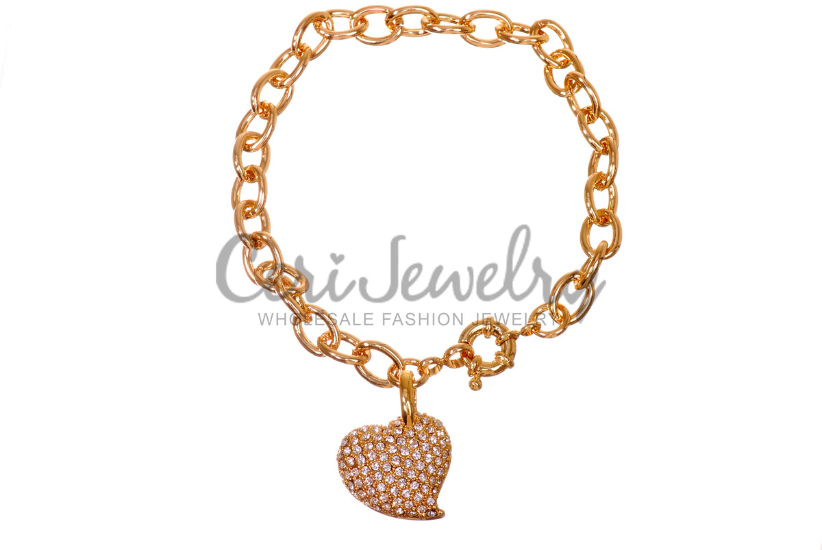 B7119 Pave Heart Charm 18K Gold Swarovski Elements Bracelet