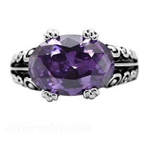 CJ7702OS Wholesale - Stainless Steel Ornate Oval Amethyst CZ Cocktail Ring