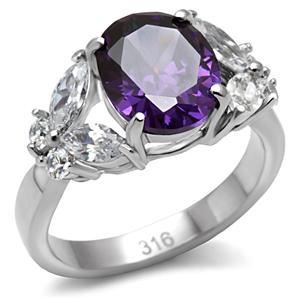 CJ7776OS Wholesale Stainless Steel Oval Cut Amethyst CZ Ring