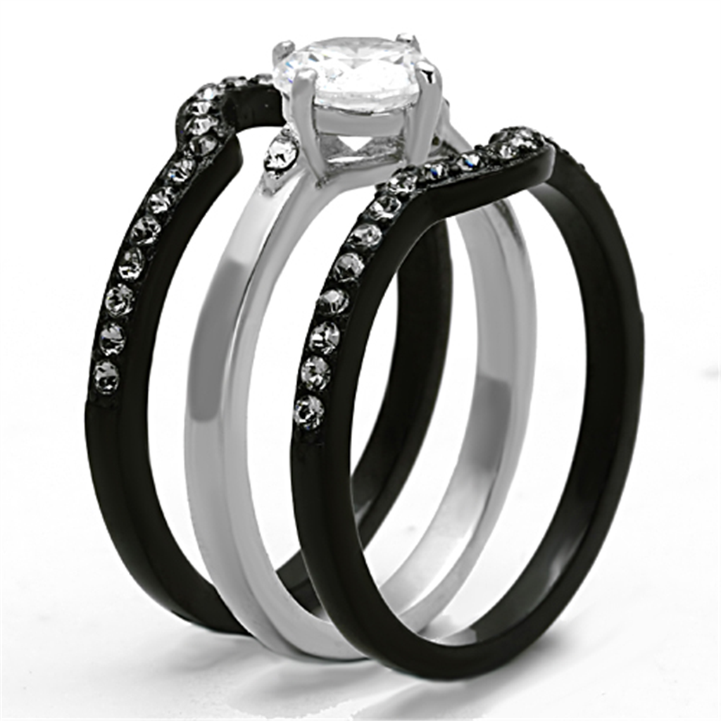CJ1346 CZ Two Tone Round Cut Stainless Steel Wedding Ring Set
