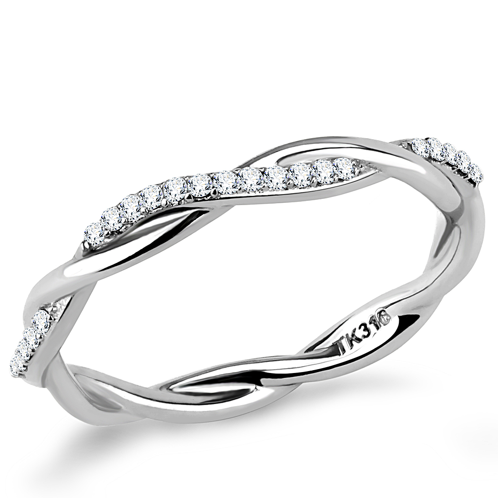 CJ042 Wholesale Women's Stainless Steel AAA Grade Cubic Zirconia Clear Minimal Twist Ring
