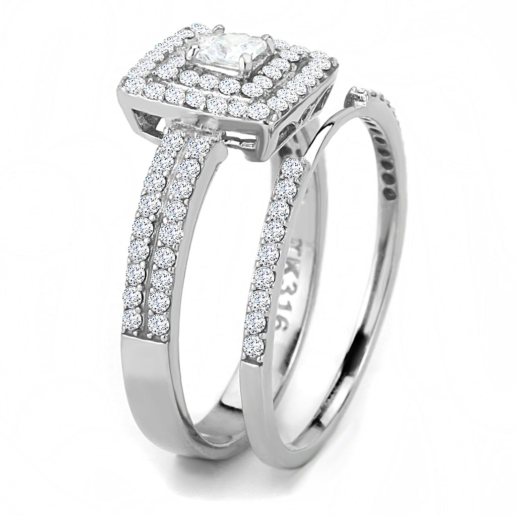 CJ064 Wholesale Women's Stainless Steel AAA Grade Cubic Zirconia Clear Square Cut Engagement Ring Set