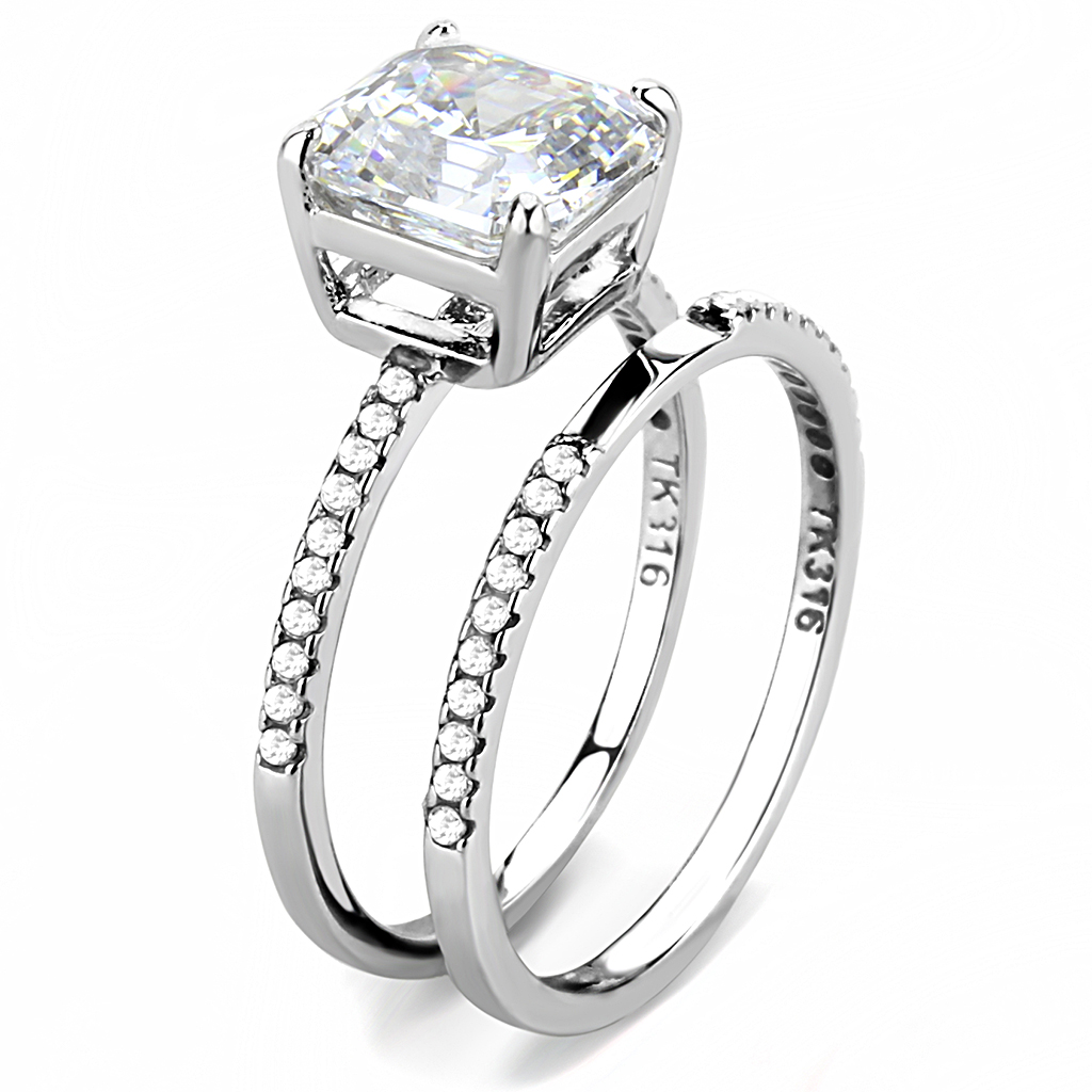 CJ065 Wholesale Women's Stainless Steel Square Cut Cubic Zirconia Clear Solitaire Engagement Ring Set