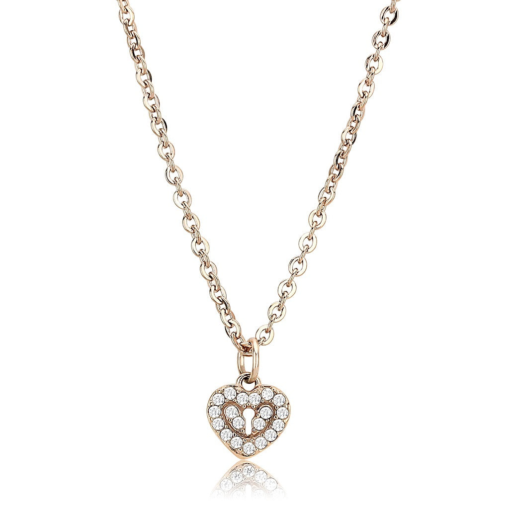 CJ086 Wholesale Women's Stainless Steel IP Rose Gold AAA Grade CZ Clear Lock Heart Chain Pendant