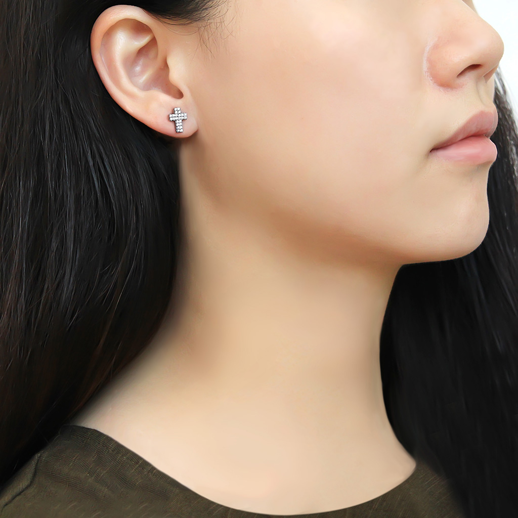CJ098 Wholesale Women's Stainless Steel AAA Grade CZ Clear Cross Earrings