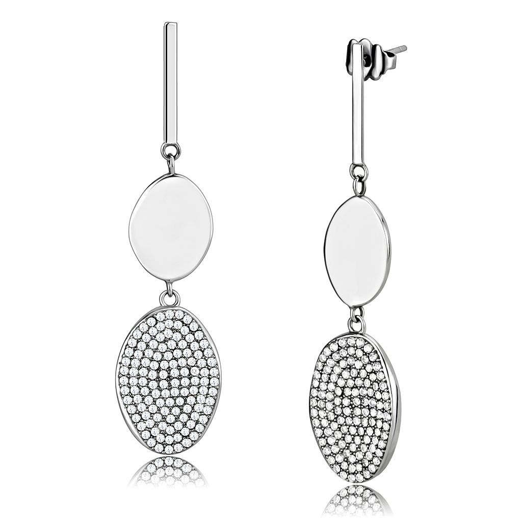 CJ193 Wholesale Women's Stainless Steel AAA Grade CZ Clear Double Oval Earrings