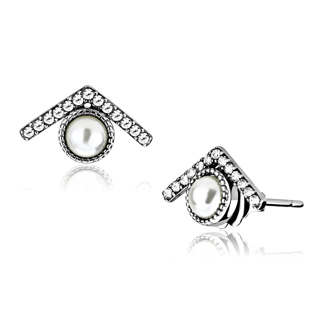 CJ216 Wholesale Women&#39;s Stainless Steel Synthetic White Pearl Chevron Earrings