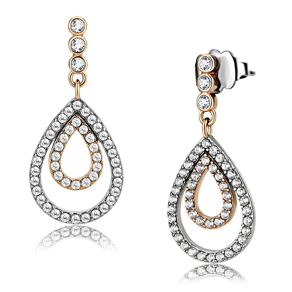 CJ227 Wholesale Women's Stainless Steel Two-Tone IP Rose Gold AAA Grade CZ Clear Drop Earrings