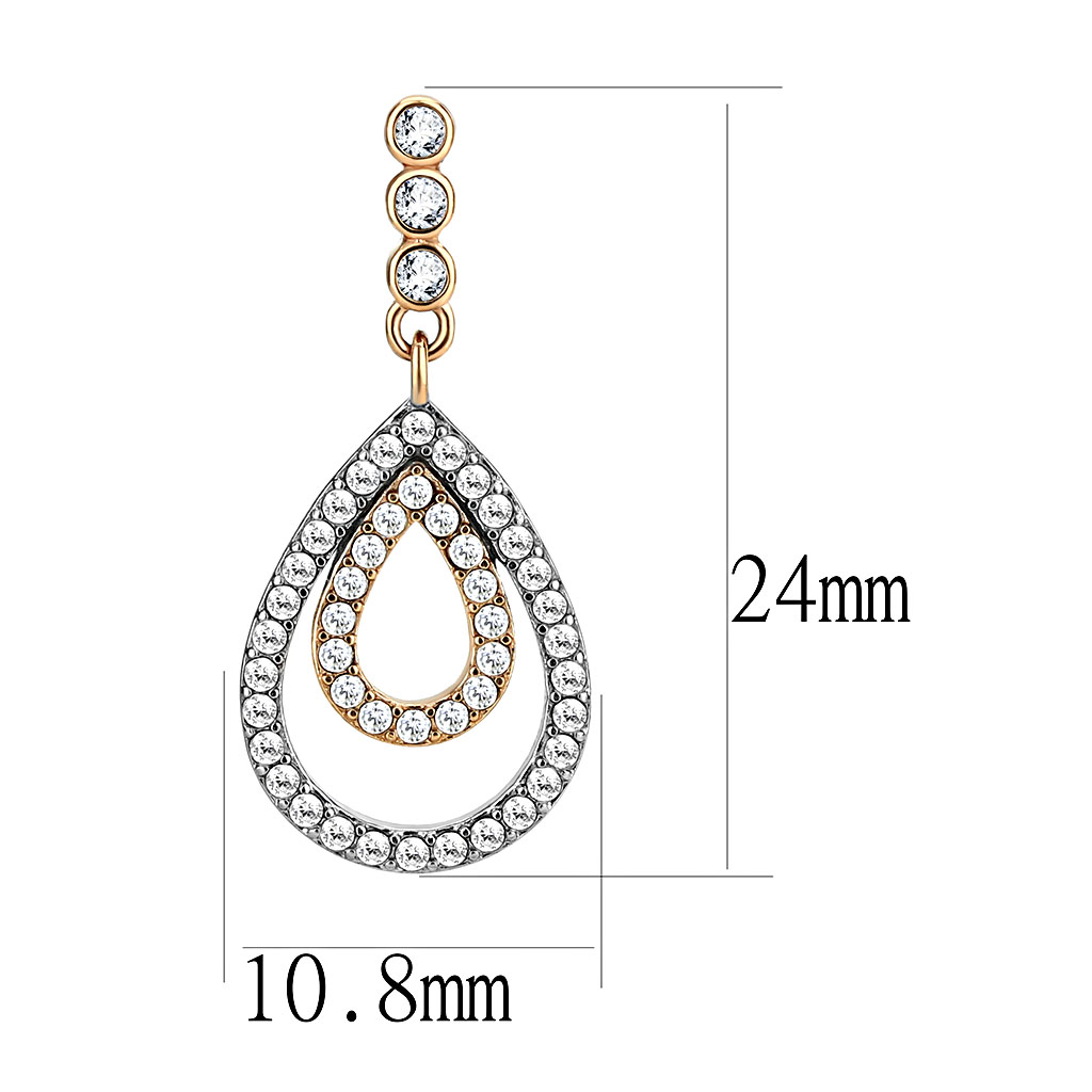 CJ227 Wholesale Women's Stainless Steel Two-Tone IP Rose Gold AAA Grade CZ Clear Drop Earrings
