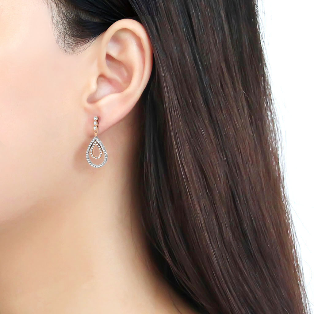 CJ227 Wholesale Women's Stainless Steel Two-Tone IP Rose Gold AAA Grade CZ Clear Drop Earrings