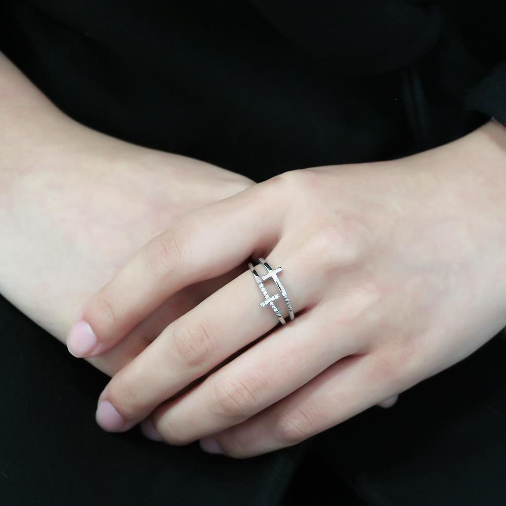 CJ319 Wholesale Women's Stainless Steel Clear AAA Grade CZ Double Cross Ring