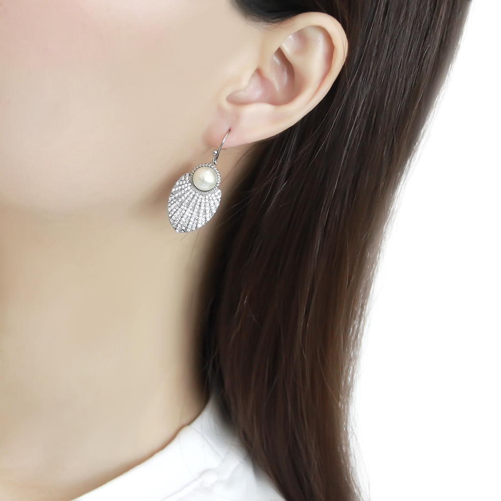 CJ330 Wholesale Women's Stainless Steel Synthetic White Pearl Earrings