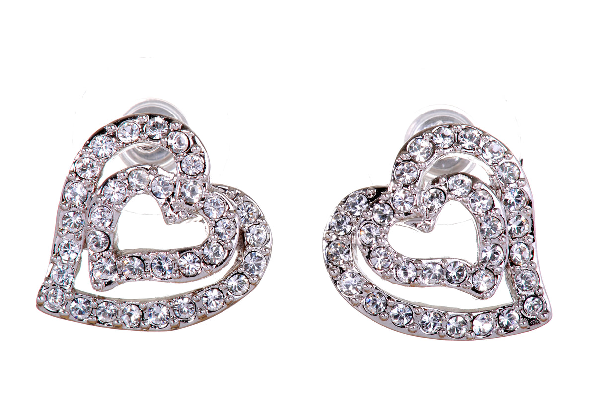 E7102 Assymetrical Dual Heart Rhodium Plated Swarovski Crystal Earrings