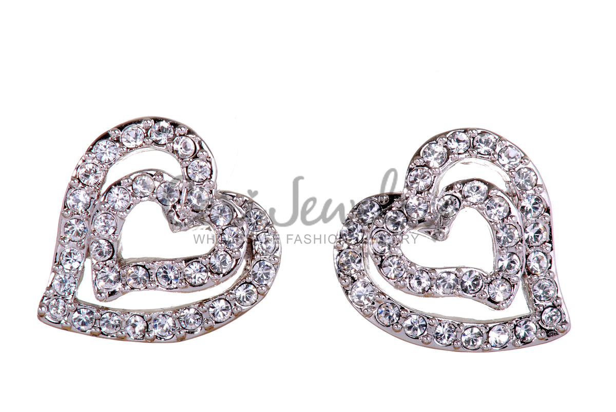 E7102 Assymetrical Dual Heart Rhodium Plated Swarovski Crystal Earrings