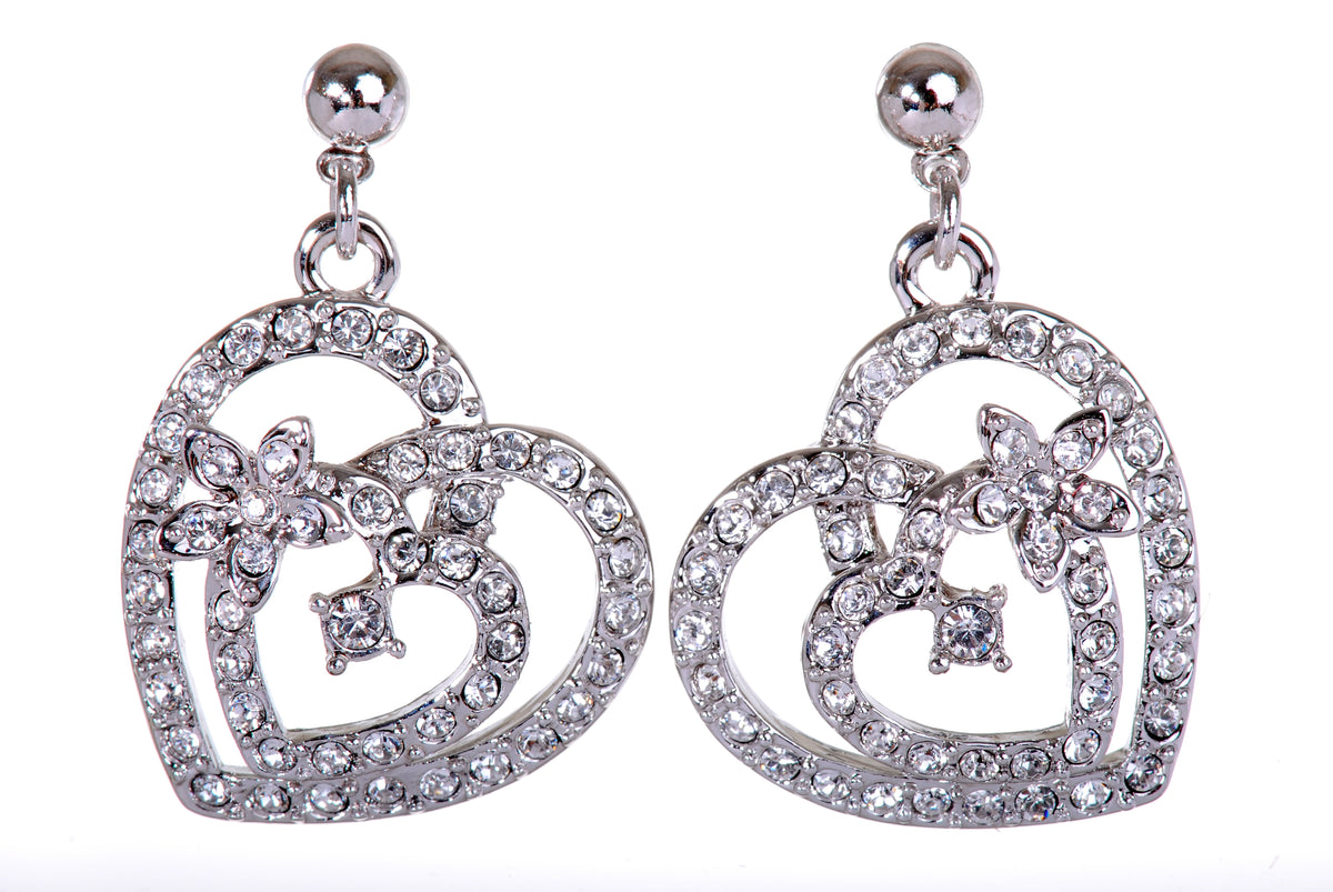 E7103 Stunning Rhodium Plated Dual Heart Swarovski Crystal Earrings