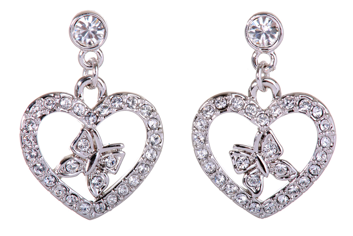 E7107 Heart &amp; Butterfly Pave Rhodium Plated Swarovski Elements Crystal Earrings