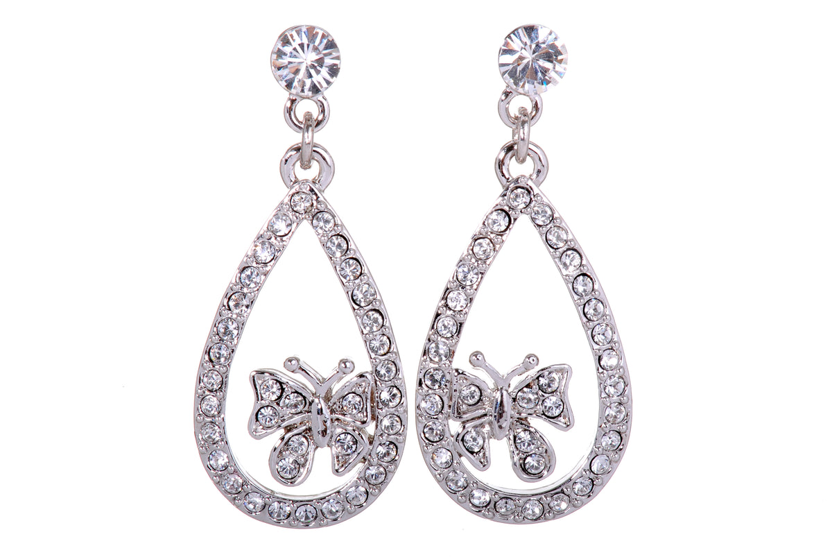 E7126 Intricate Butterfly In Loop Rhodium Plated Swarovski Element Crystal Earrings