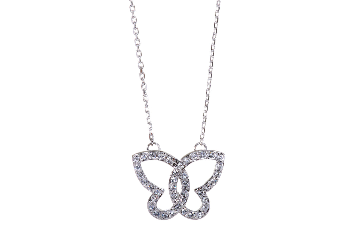 N7112 Fluttering Swarovski Crystal Elements Butterfly Rhodium Plated Necklace
