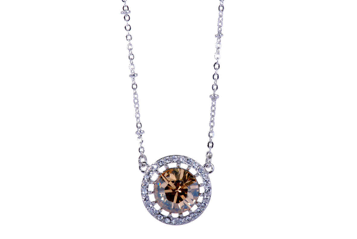 N7157 Glamorous Round Rhodium Plated Champagne Colored Swarovski Elements Crystal Pendant Necklace