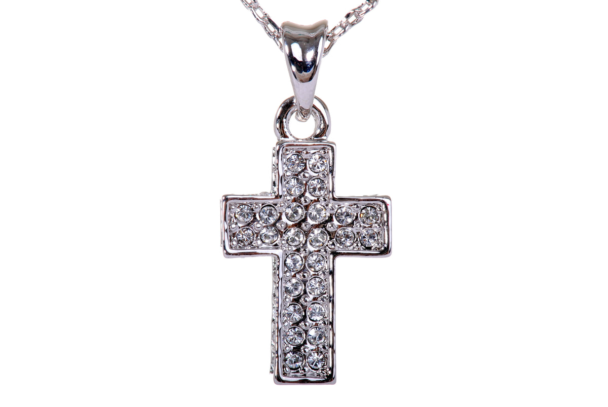 N7181 Rhodium Plated Swarovski Crystal Pave Cross Pendant Necklace