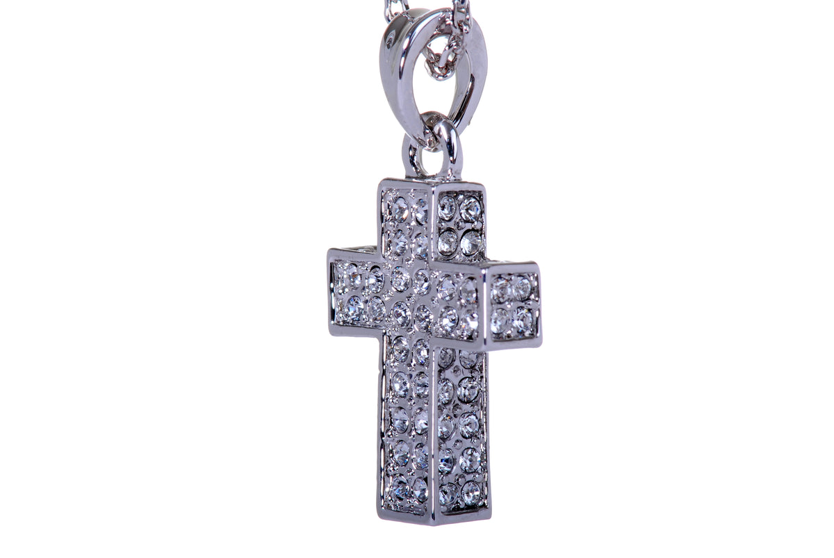 N7181 Rhodium Plated Swarovski Crystal Pave Cross Pendant Necklace