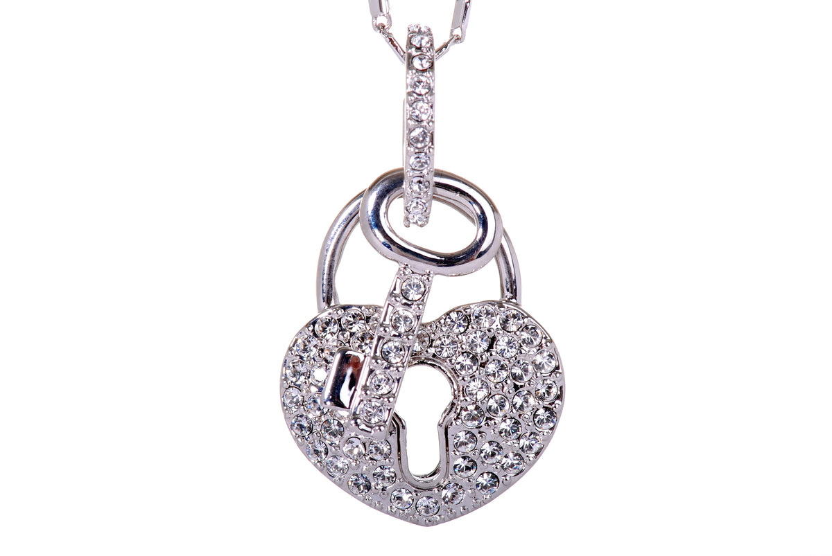 N7206 Delicate Heart Lock & Key Rhodium Plated Pave Swarovski Crystal Pendant Necklace