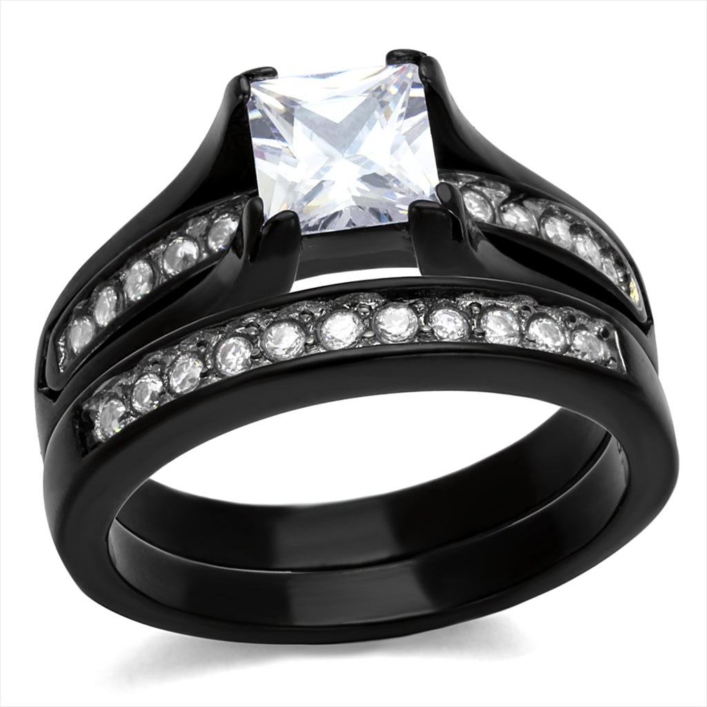 CJ0W383J Wholesale Women&#39;s Stainless Steel Two-Tone IP Black AAA Grade CZ Clear Wedding Ring Set